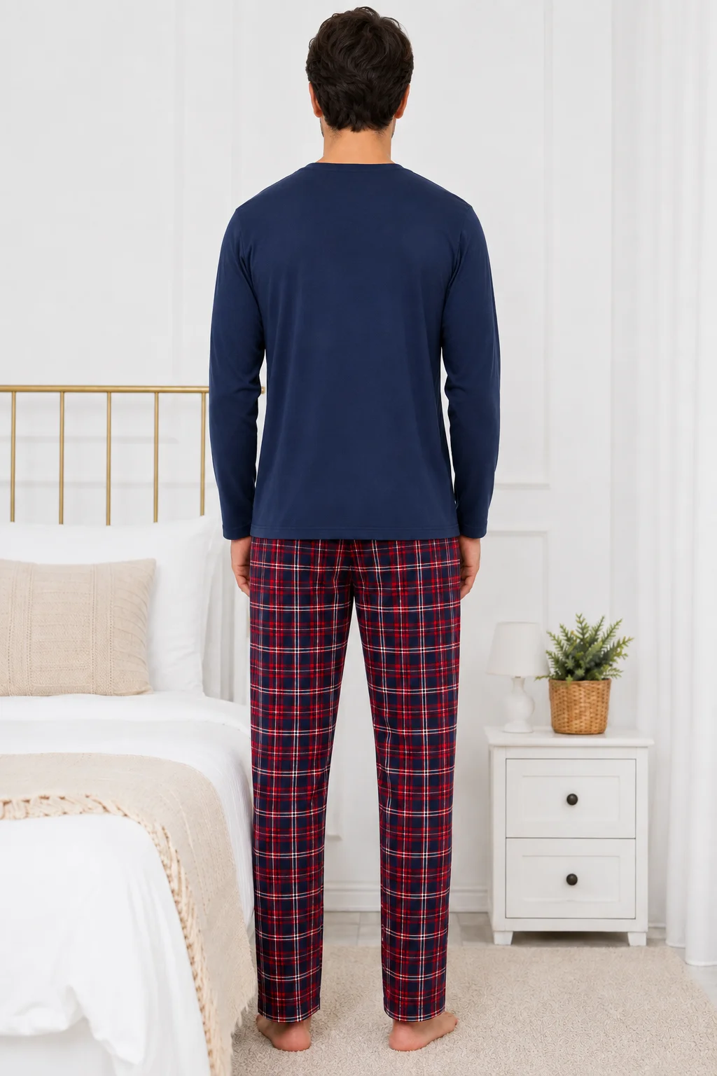 Set Pijama Barbati  cu Imprimeu „Travel” și Pantaloni în Carouri-Bleumarin
