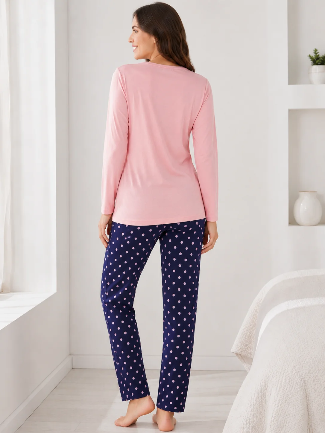 Pijama de Damă cu Bluză și Pantalon Bleumarin cu Buline Roz-Roz pal