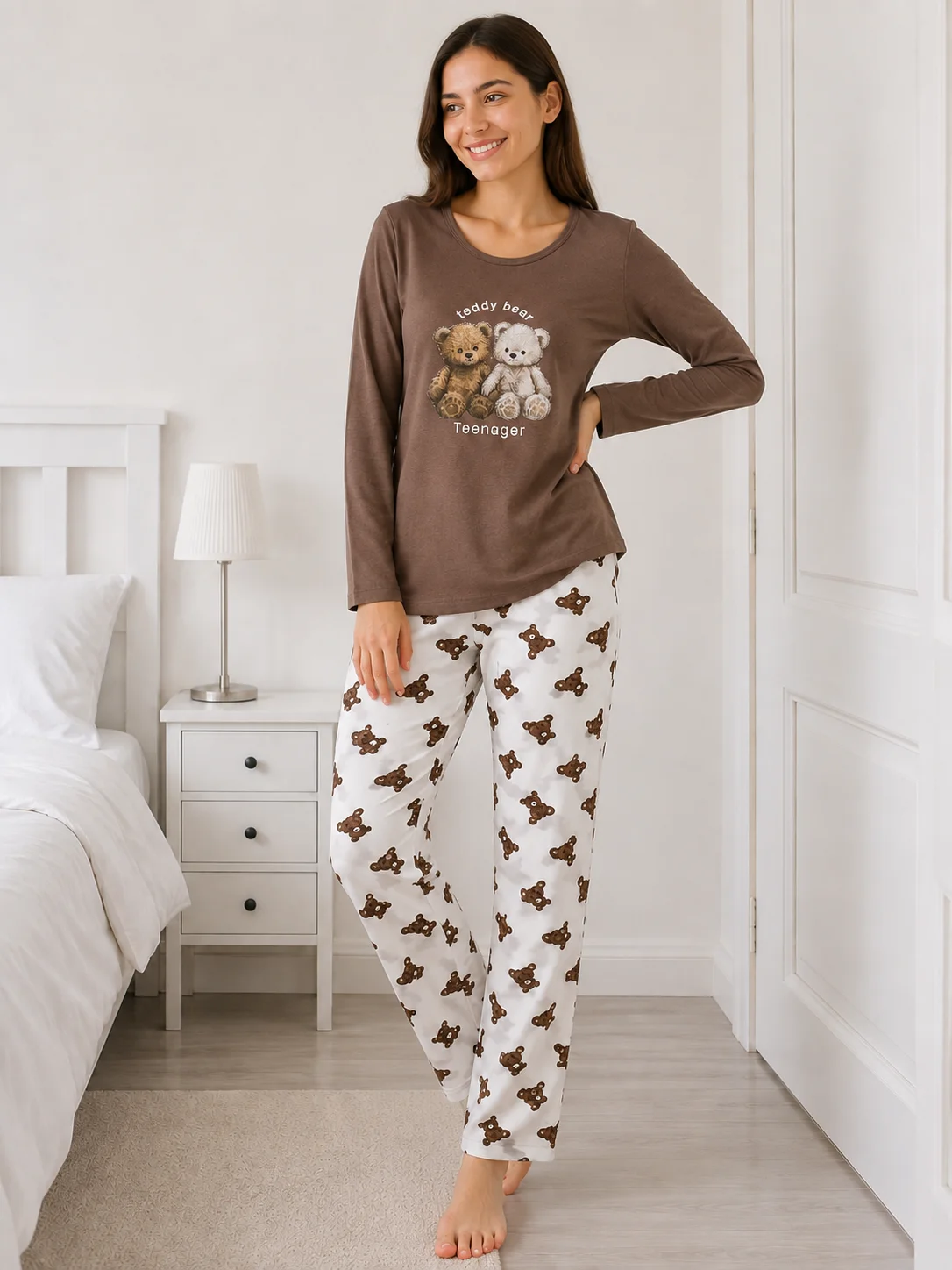 Pijama de Damă  cu Imprimeu Urși și Pantaloni Asortați-Maro