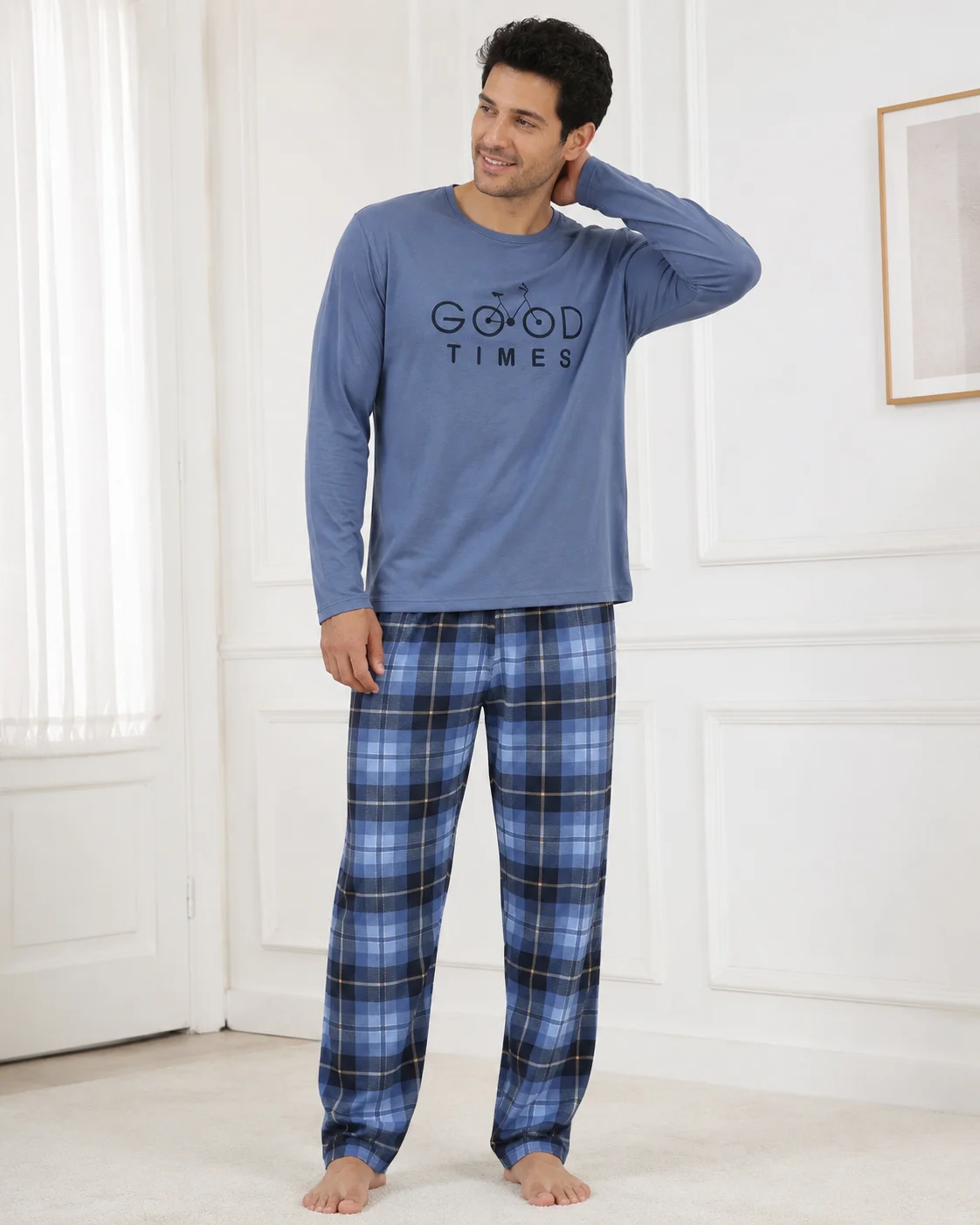 Set Pijama Barbati cu Maneca Lunga si Pantaloni in Carouri Albastre-Albastru prafuit