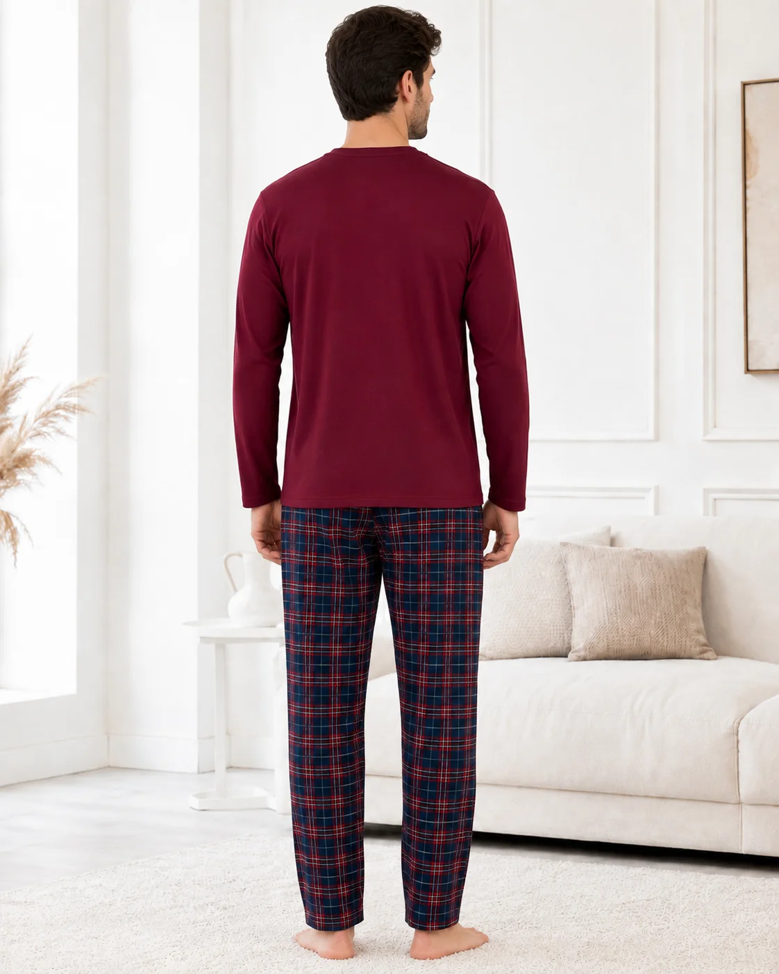 Pijama Barbati  cu Nasturi si Carouri Multicolore-Bordo