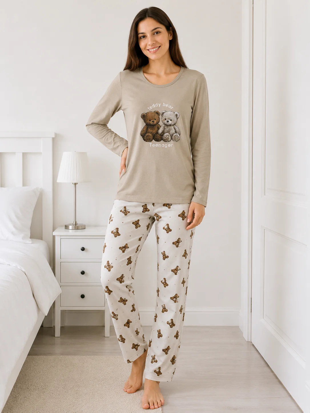 Pijama de Damă  cu Imprimeu Urși și Pantaloni Asortați-Bej