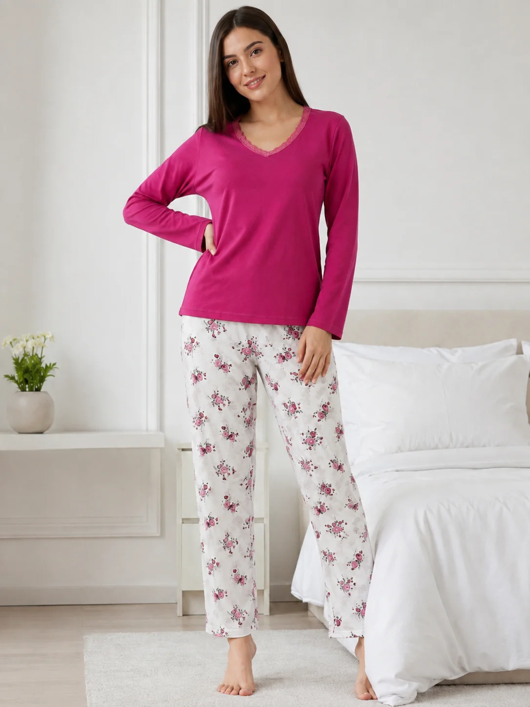 Pijama de Damă cu Bluză și Pantalon Alb cu Imprimeu Floral- Magenta — imagine 3
