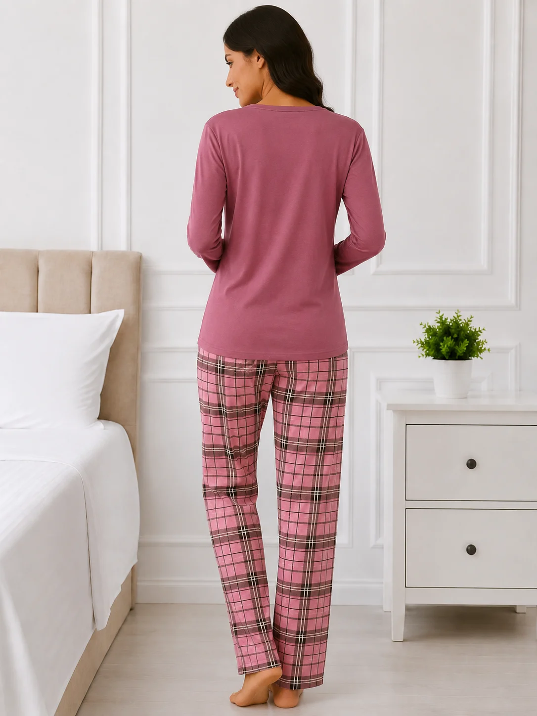 Pijama de damă, bluză și pantaloni lungi roz în carouri-Roz prafuit