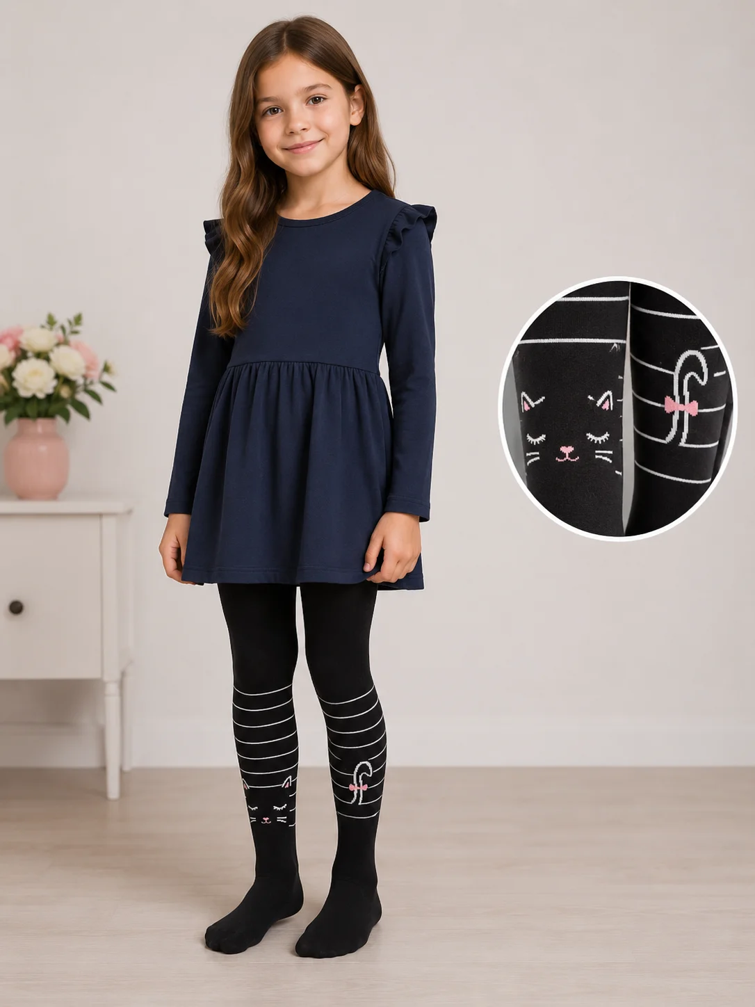 Dres fetițe Penti Young ,,Stripe Cat'', bumbac- mat, opac, Negru
