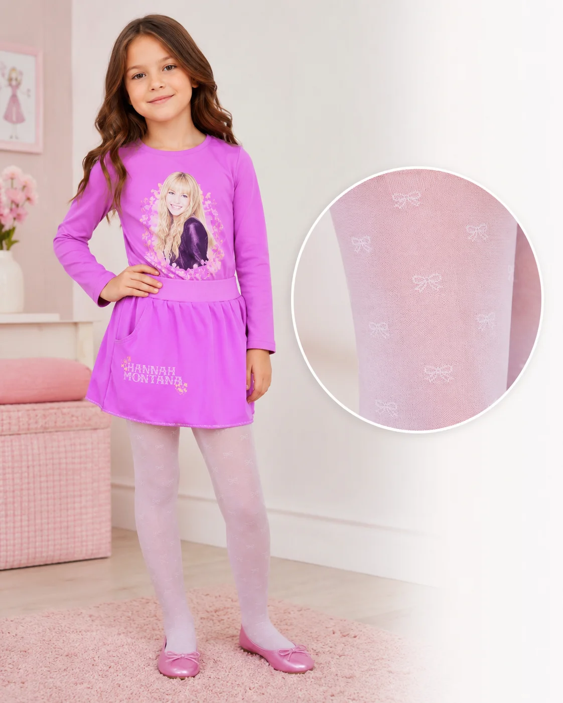 Dres fetițe  Pretty ,,Diana'', 20 den- mat, imprimeu fundițe, Lila,