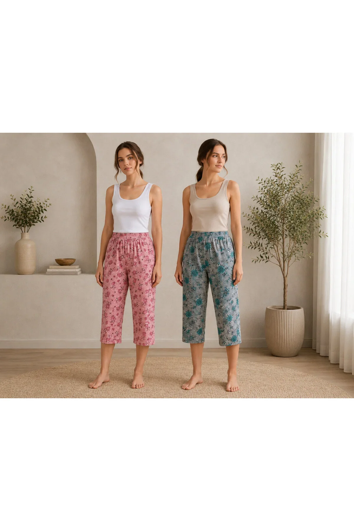 Pantaloni dama 3/4 de pijama ,2/set  în culori și imprimeuri diferite