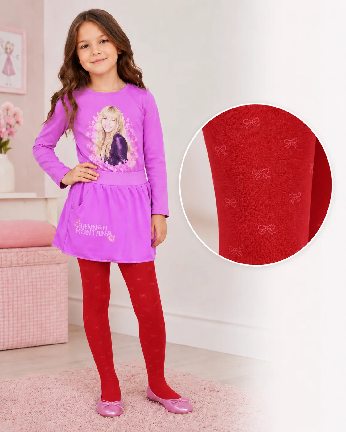 Dres fetițe  Pretty ,,Diana'', 20 den- mat, imprimeu fundițe, Rosu — imagine 1