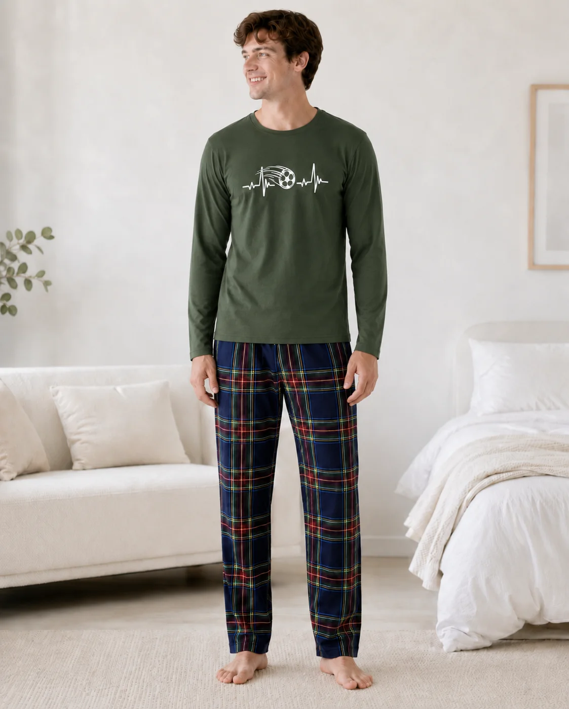 Pijama Barbati cu Imprimeu Fotbal și Pantaloni în Carouri-Kaki
