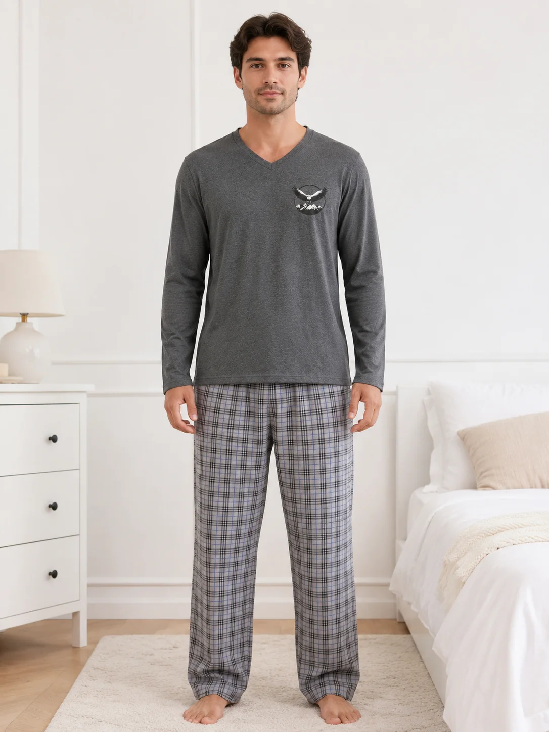 Pijama Barbati cu Maneca Lunga si Pantaloni in Carouri -Gri