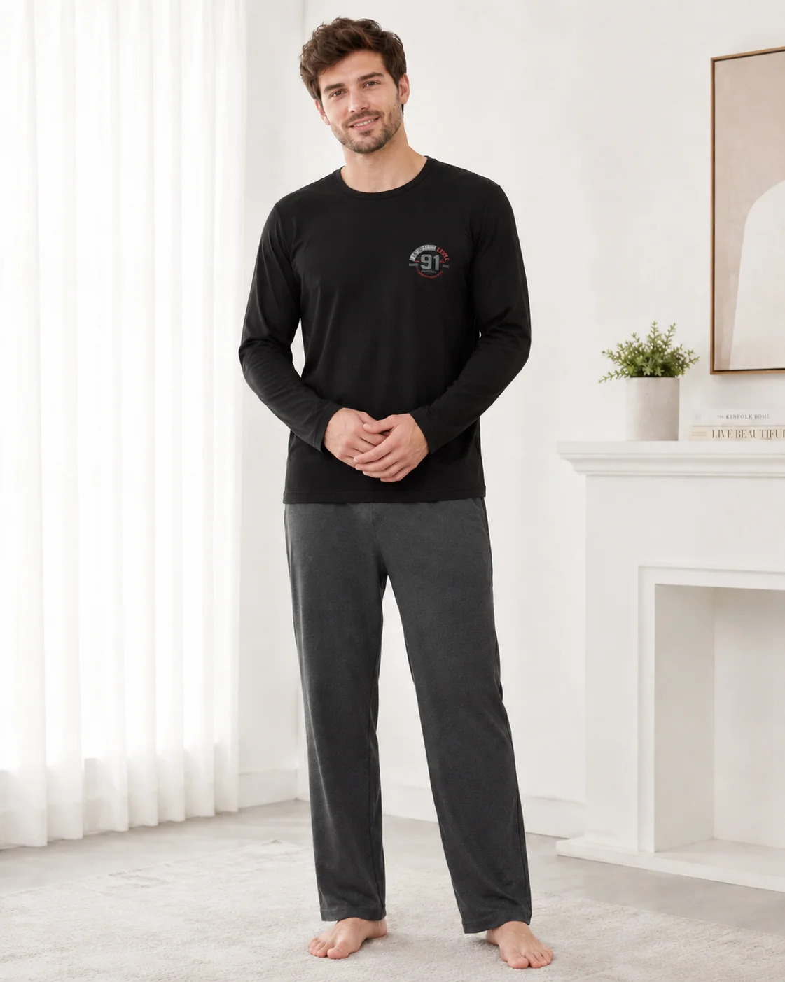 Pijama Barbati cu Maneca Lunga si Pantaloni Gri Inchis-Negru