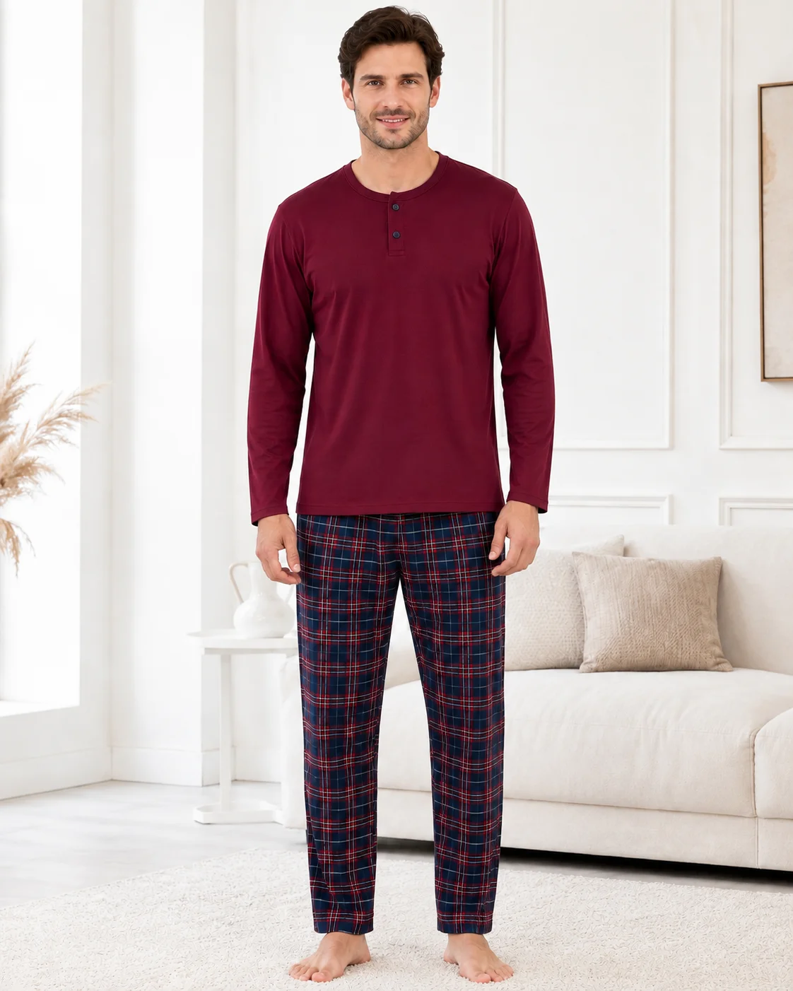 Pijama Barbati  cu Nasturi si Carouri Multicolore-Bordo — imagine 3