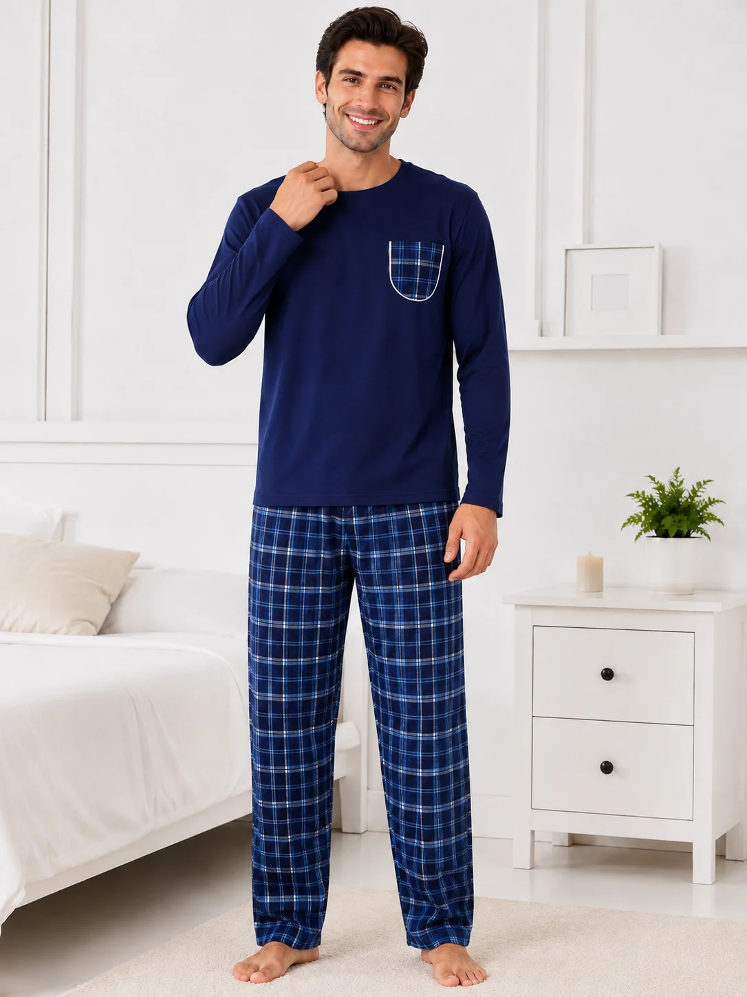 Pijama Barbati cu Buzunar în Carouri și Pantaloni Asortați-Bleumarin