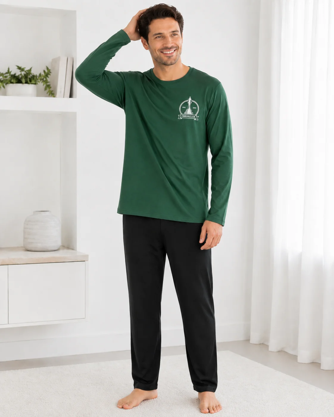 Pijama Barbati cu Maneca Lunga si Pantaloni Negri Simpli-Verde — imagine 1