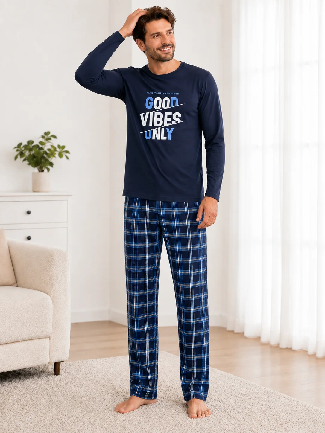 Pijama Barbati Bluză Good Vibes si Pantaloni in Carouri-Bleumarin