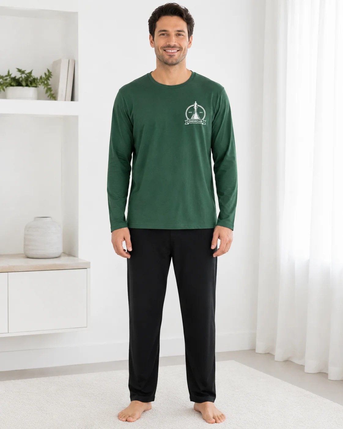 Pijama Barbati cu Maneca Lunga si Pantaloni Negri Simpli-Verde — imagine 2