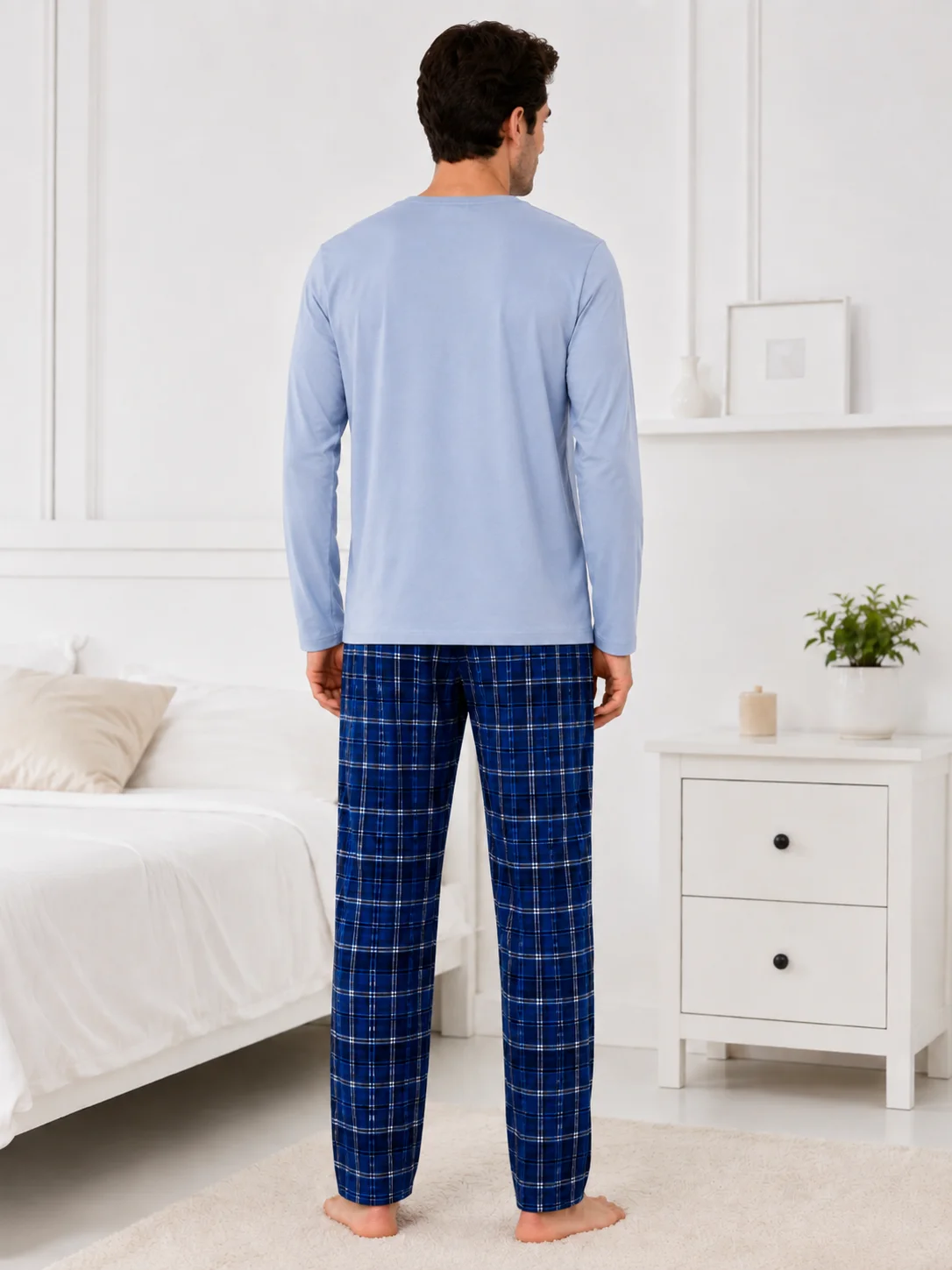 Pijama Barbati cu Buzunar în Carouri și Pantaloni Asortați-Bleu — imagine 4