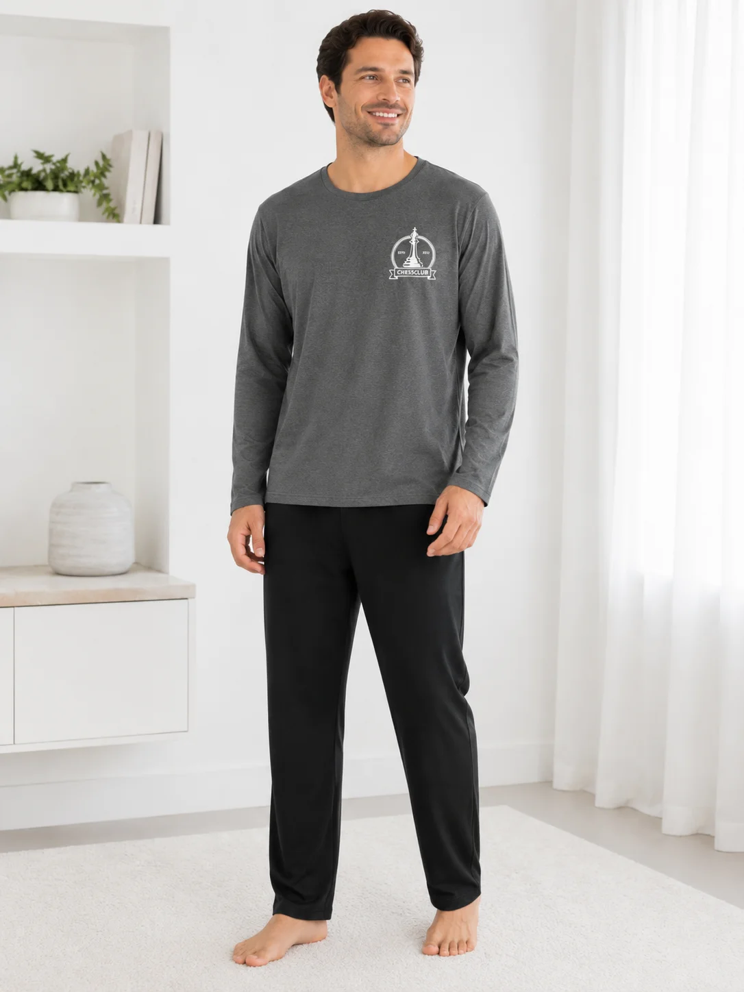 Pijama Barbati cu Maneca Lunga si Pantaloni Negri Simpli-Gri — imagine 3