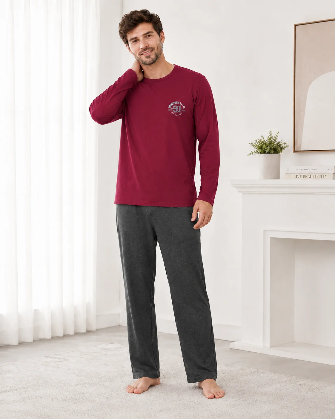 Pijama Barbati cu Maneca Lunga si Pantaloni Gri Inchis-Bordo — imagine 1