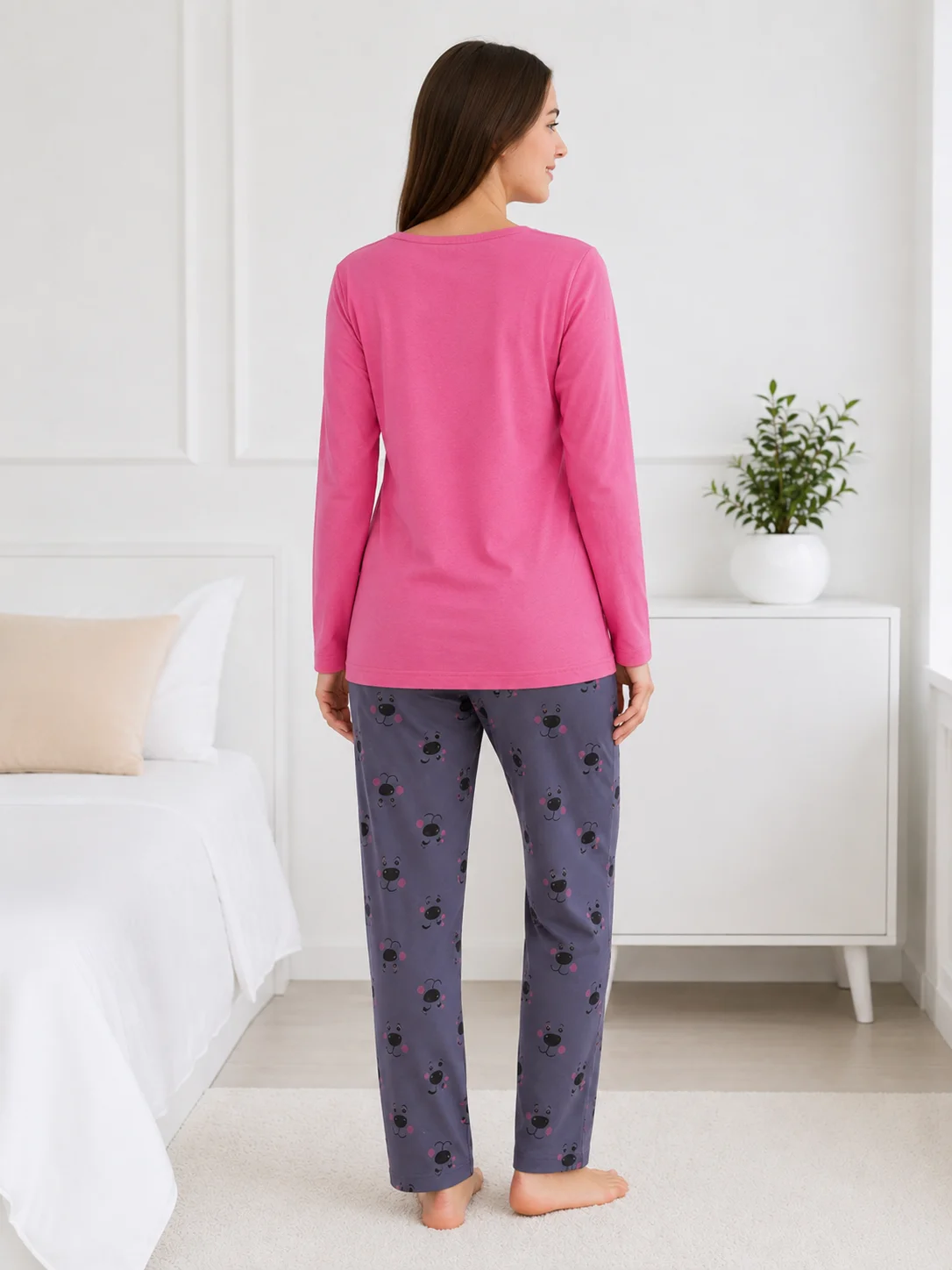 Pijama de Damă cu Bluză și Pantalon Gri Imprimat cu Cățeluși- Roz