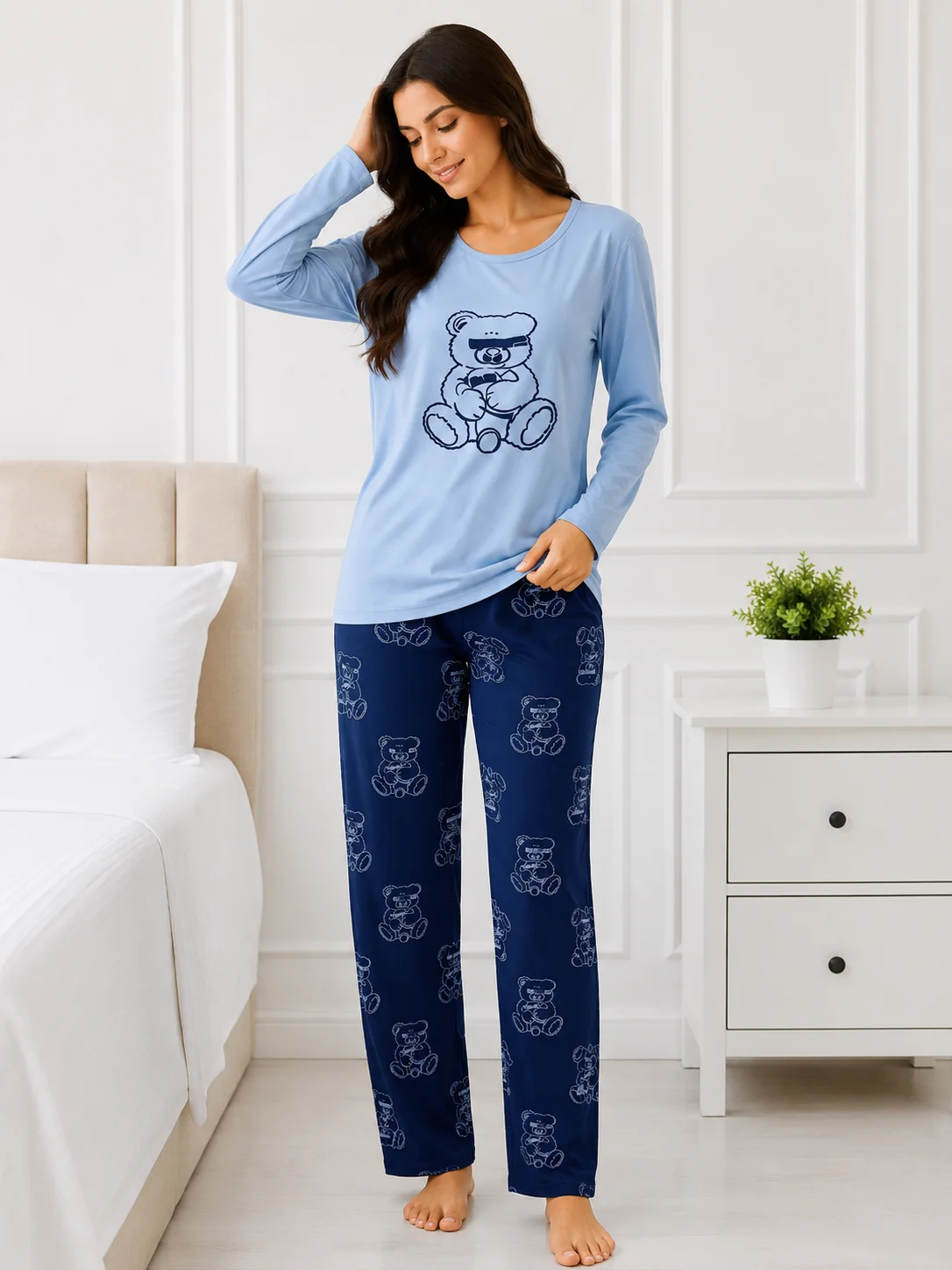 Set pijama 2 piese: Bluză cu ursuleț și pantaloni imprimați-Albastru — imagine 1