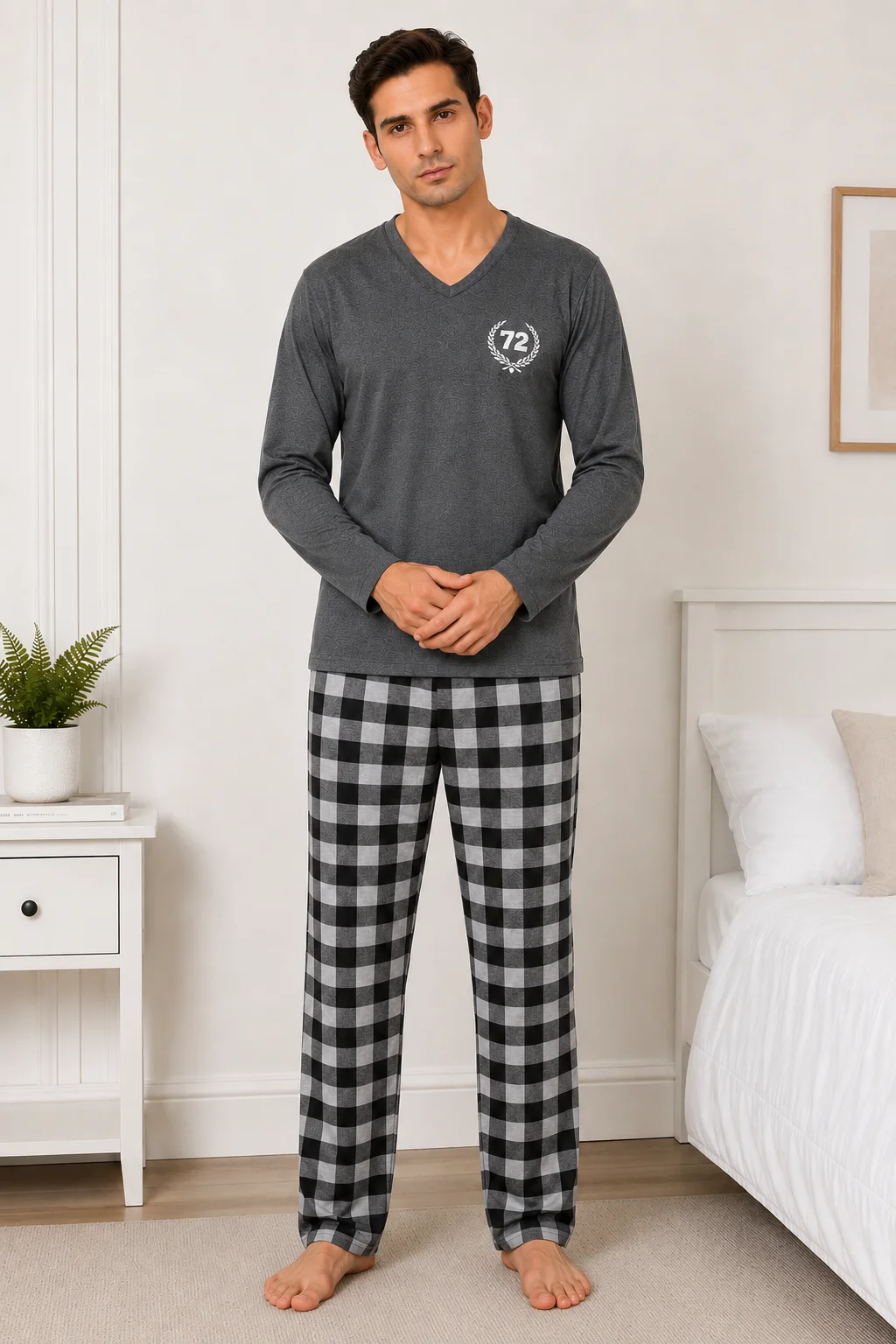Pijama Barbati cu Maneca Lunga si Imprimeu Carouri-Gri — imagine 1
