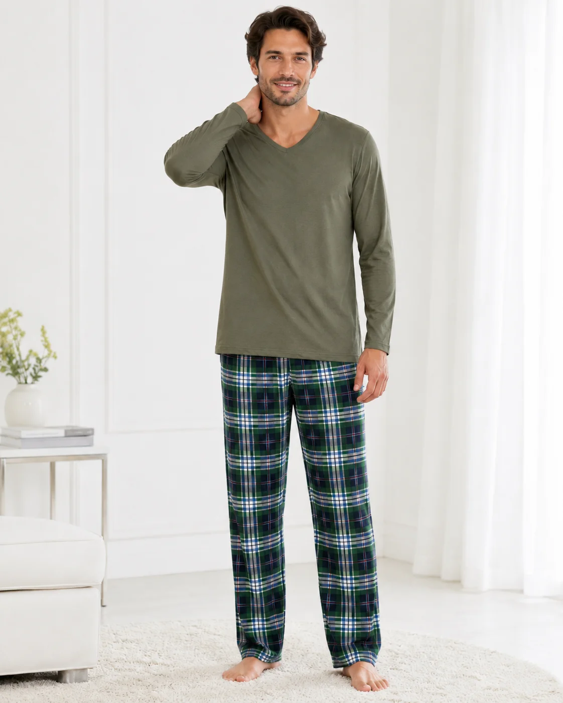 Pijama Barbati cu Maneca Lunga si Pantaloni in Carouri -Kaki — imagine 1