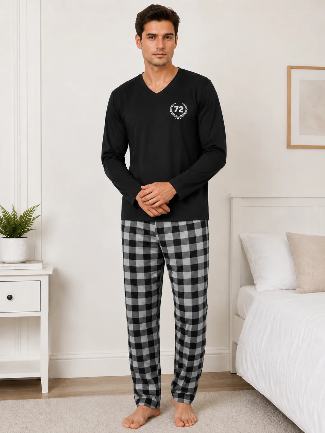 Pijama Barbati cu Maneca Lunga si Imprimeu Carouri-Negru — imagine 2