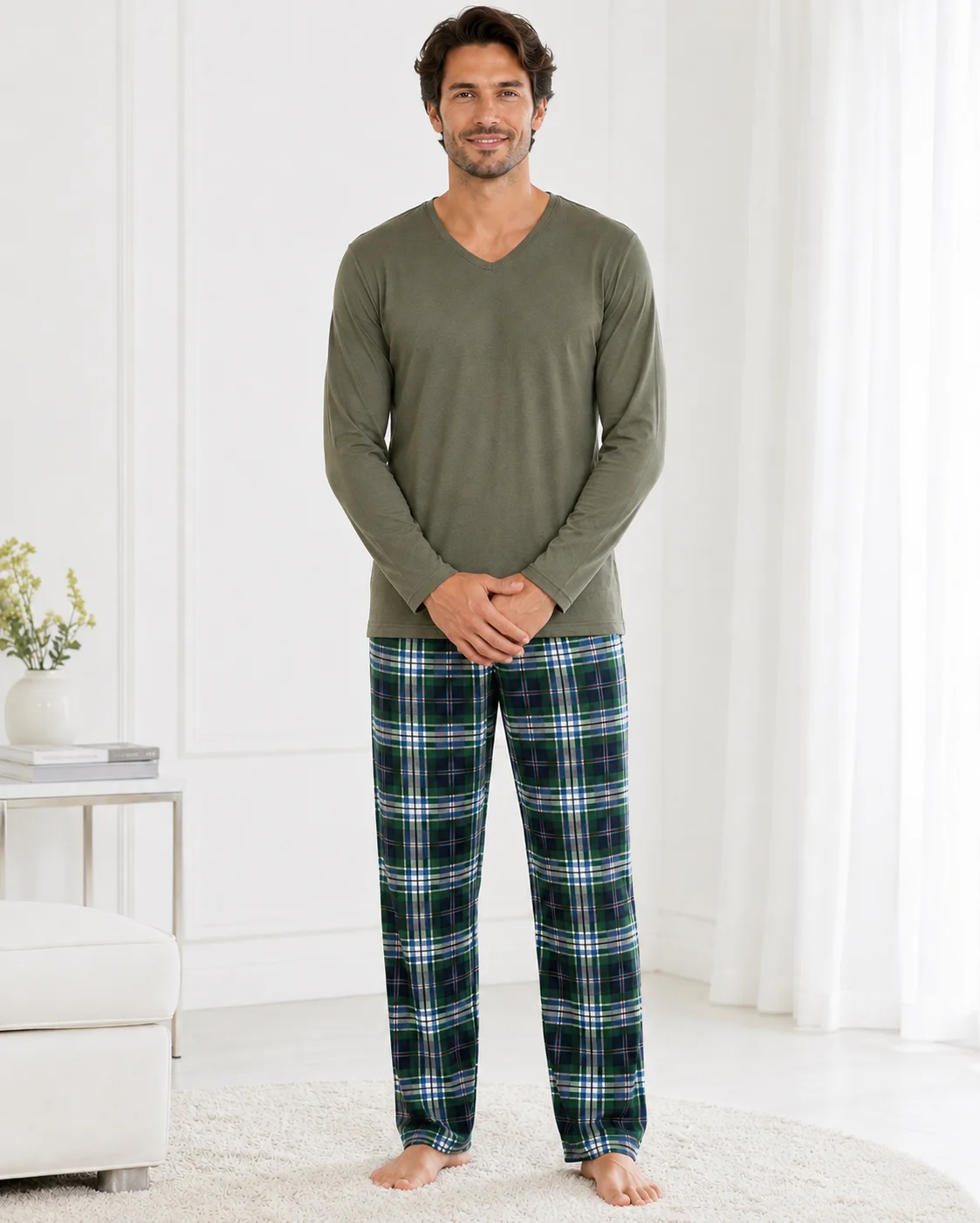 Pijama Barbati cu Maneca Lunga si Pantaloni in Carouri -Kaki