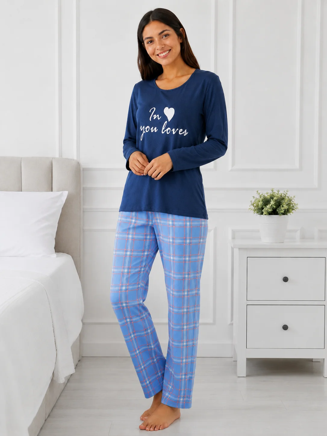 Pijama de damă pastel cu bluză și pantaloni în carouri-Bleumarin