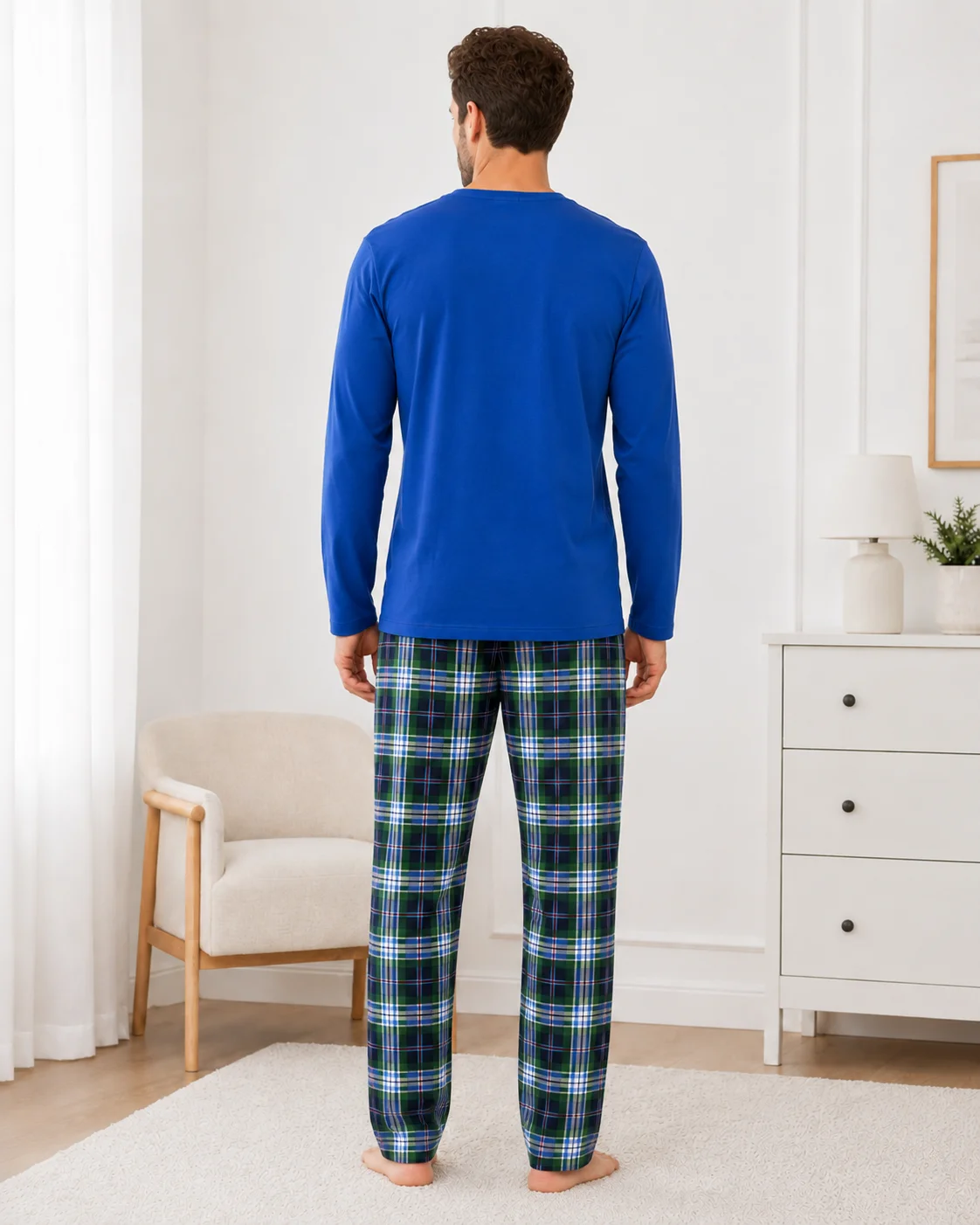Pijama Barbati cu Maneca Lunga si Pantaloni in Carouri -Albastru — imagine 4