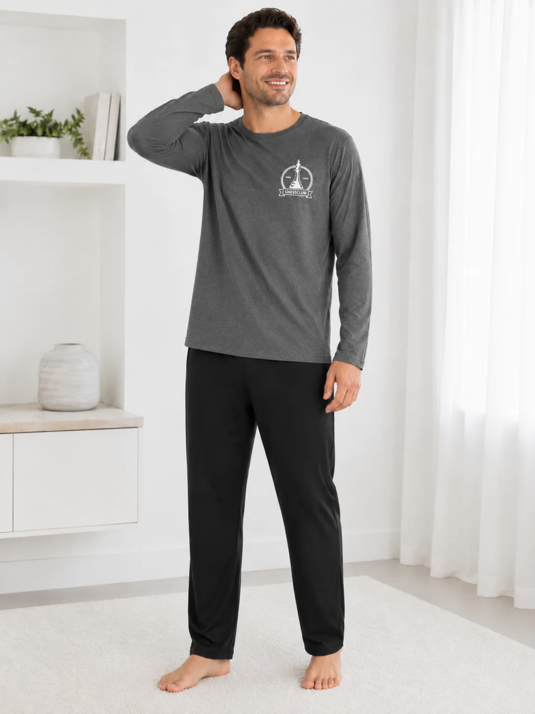 Pijama Barbati cu Maneca Lunga si Pantaloni Negri Simpli-Gri — imagine 2
