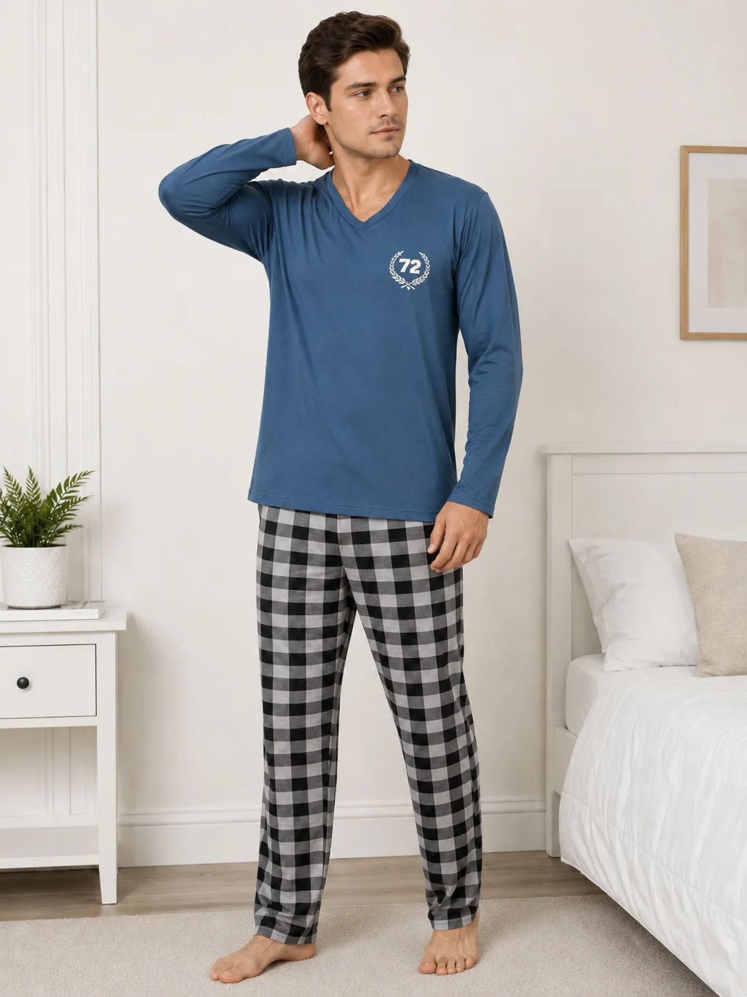 Pijama Barbati cu Maneca Lunga si Imprimeu Carouri-Albastru — imagine 1