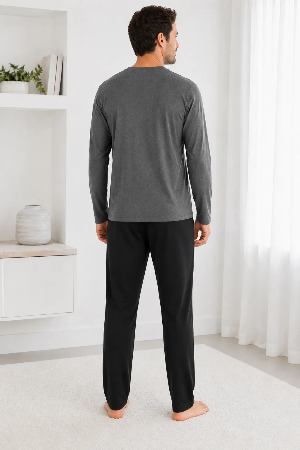 Pijama Barbati cu Maneca Lunga si Pantaloni Negri Simpli-Gri