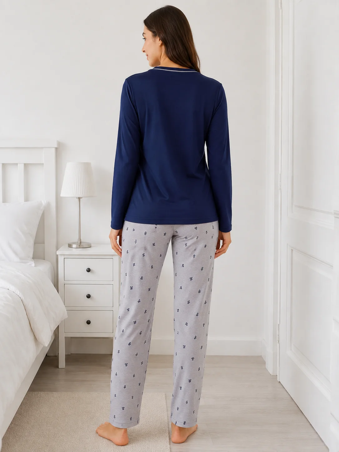 Pijama Confortabilă Dama  Imprimeu cu Fundițe-Bleumarin — imagine 4