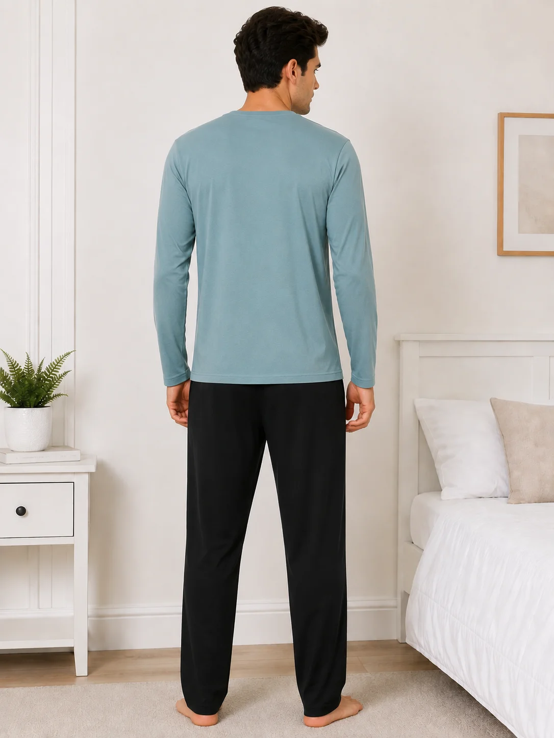 Pijama Barbati cu Maneca Lunga si Pantaloni Negri Simpli-Albastru deschis — imagine 4