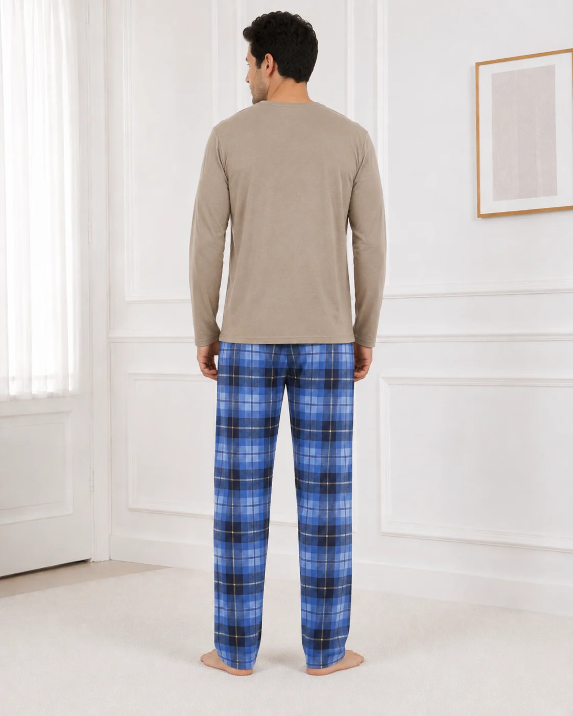 Pijama Barbati cu Maneca Lunga si Pantaloni in Carouri Albastre-Bej — imagine 4