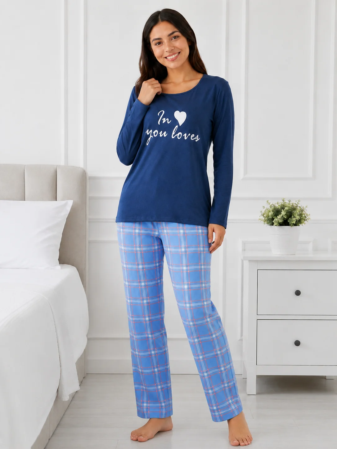 Pijama de damă pastel cu bluză și pantaloni în carouri-Bleumarin — imagine 1