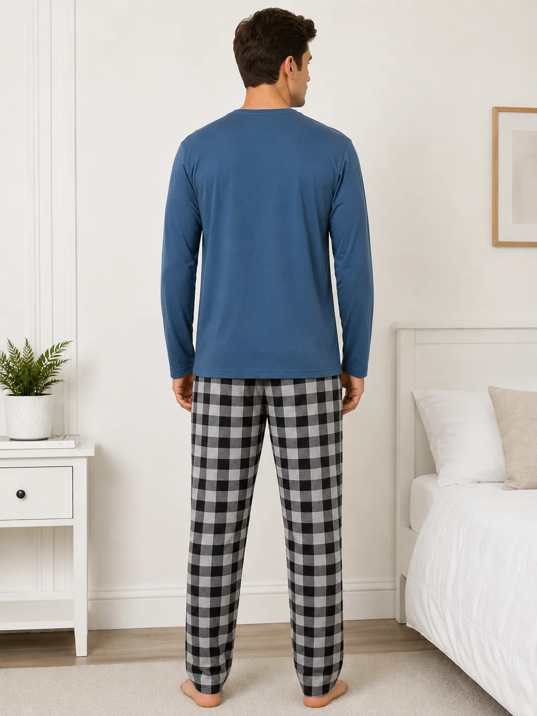 Pijama Barbati cu Maneca Lunga si Imprimeu Carouri-Albastru — imagine 4