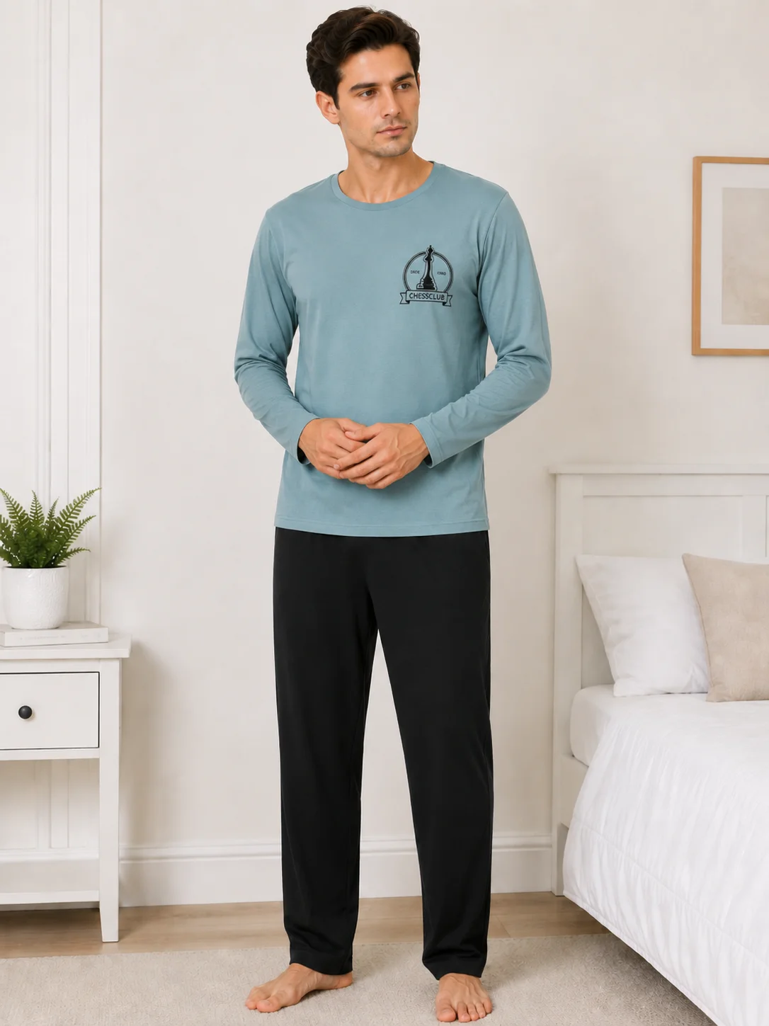 Pijama Barbati cu Maneca Lunga si Pantaloni Negri Simpli-Albastru deschis