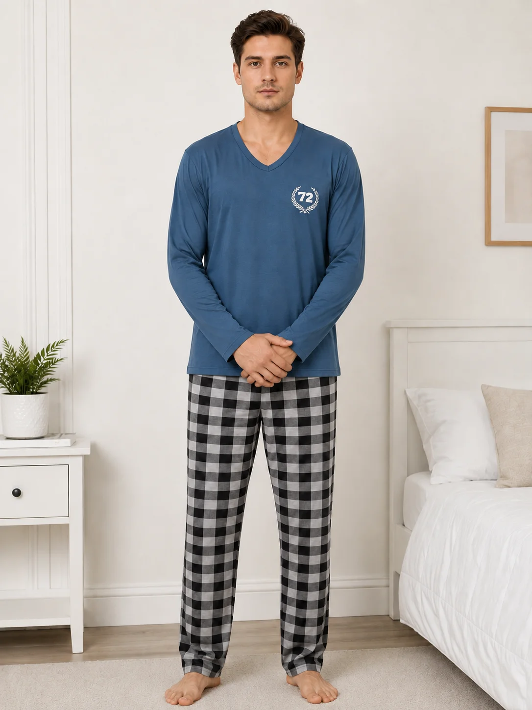Pijama Barbati cu Maneca Lunga si Imprimeu Carouri-Albastru — imagine 3