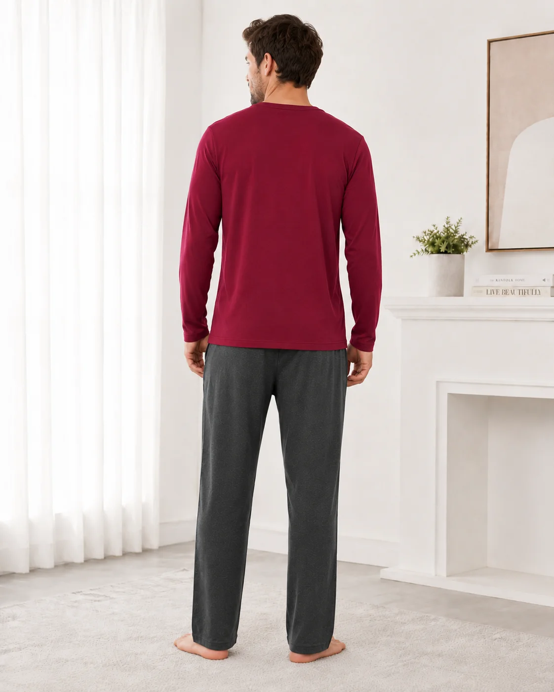 Pijama Barbati cu Maneca Lunga si Pantaloni Gri Inchis-Bordo — imagine 4
