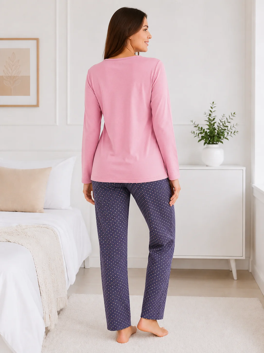 Pijama de Damă cu Bluză și Pantalon Gri cu Imprimeu cu Puncte-Roz — imagine 4