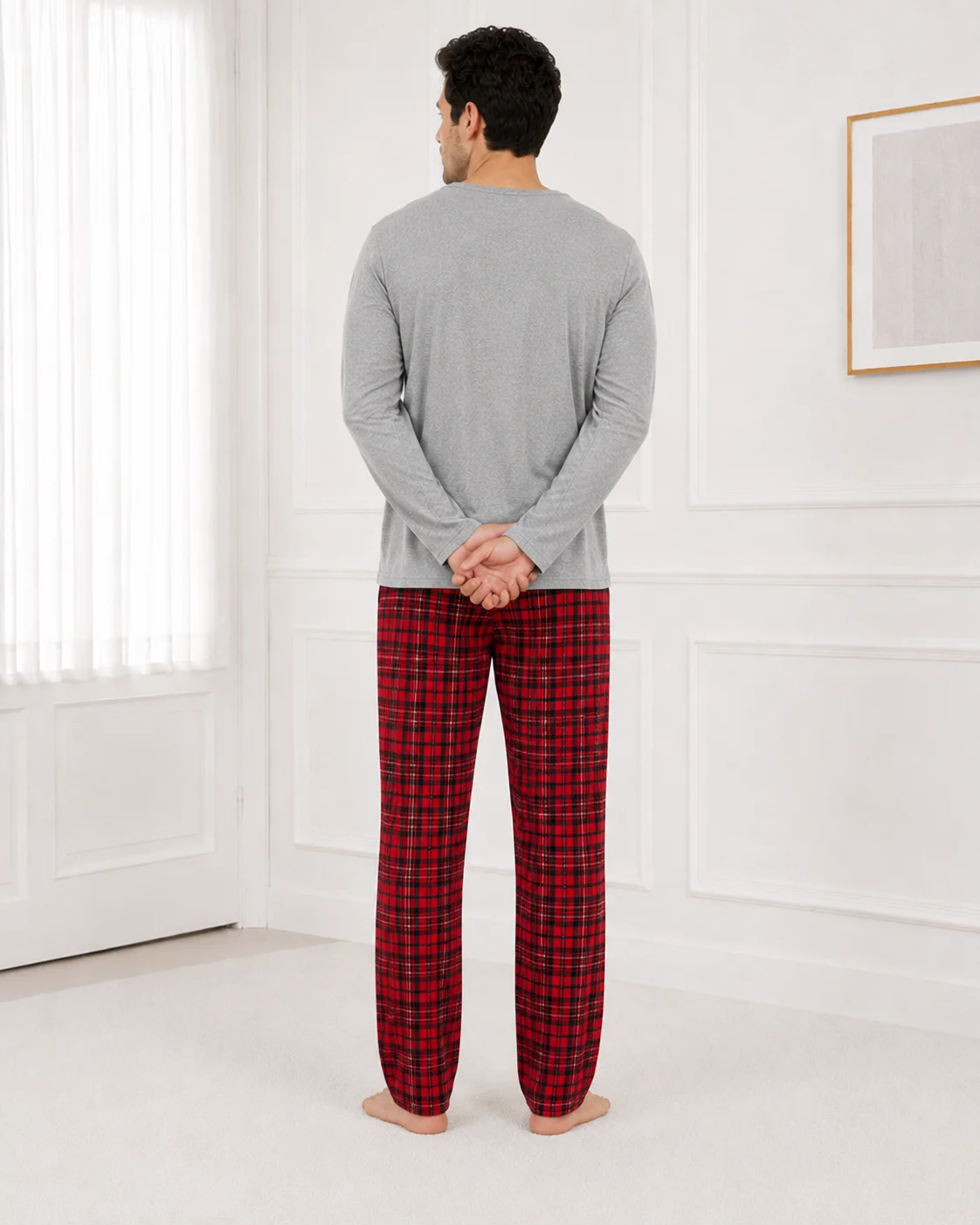 Pijama Barbati cu Maneca Lunga si Pantaloni in Carouri Rosi-Gri — imagine 4