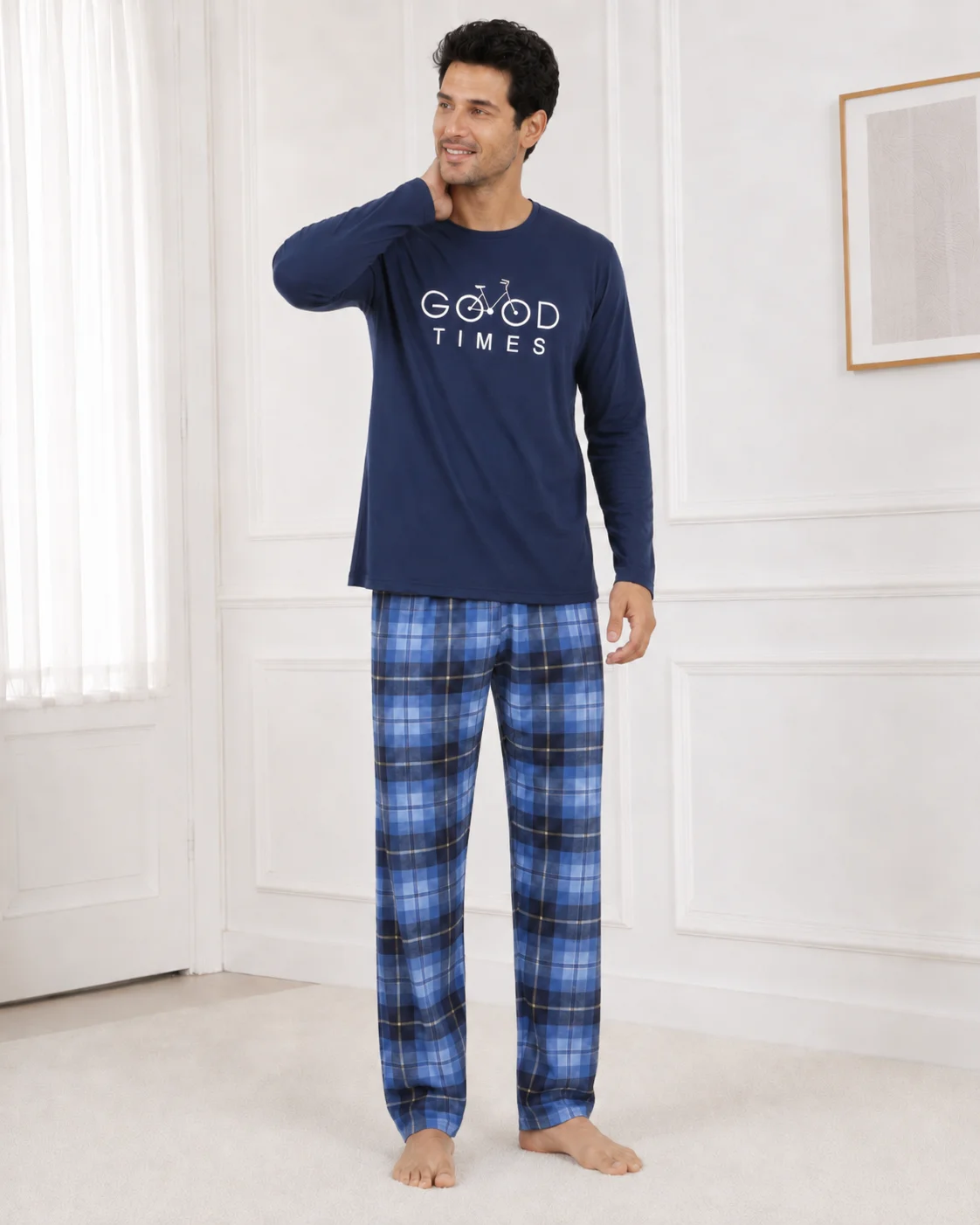 Pijama Barbati cu Maneca Lunga si Pantaloni in Carouri Albastre-Bleumarin — imagine 3