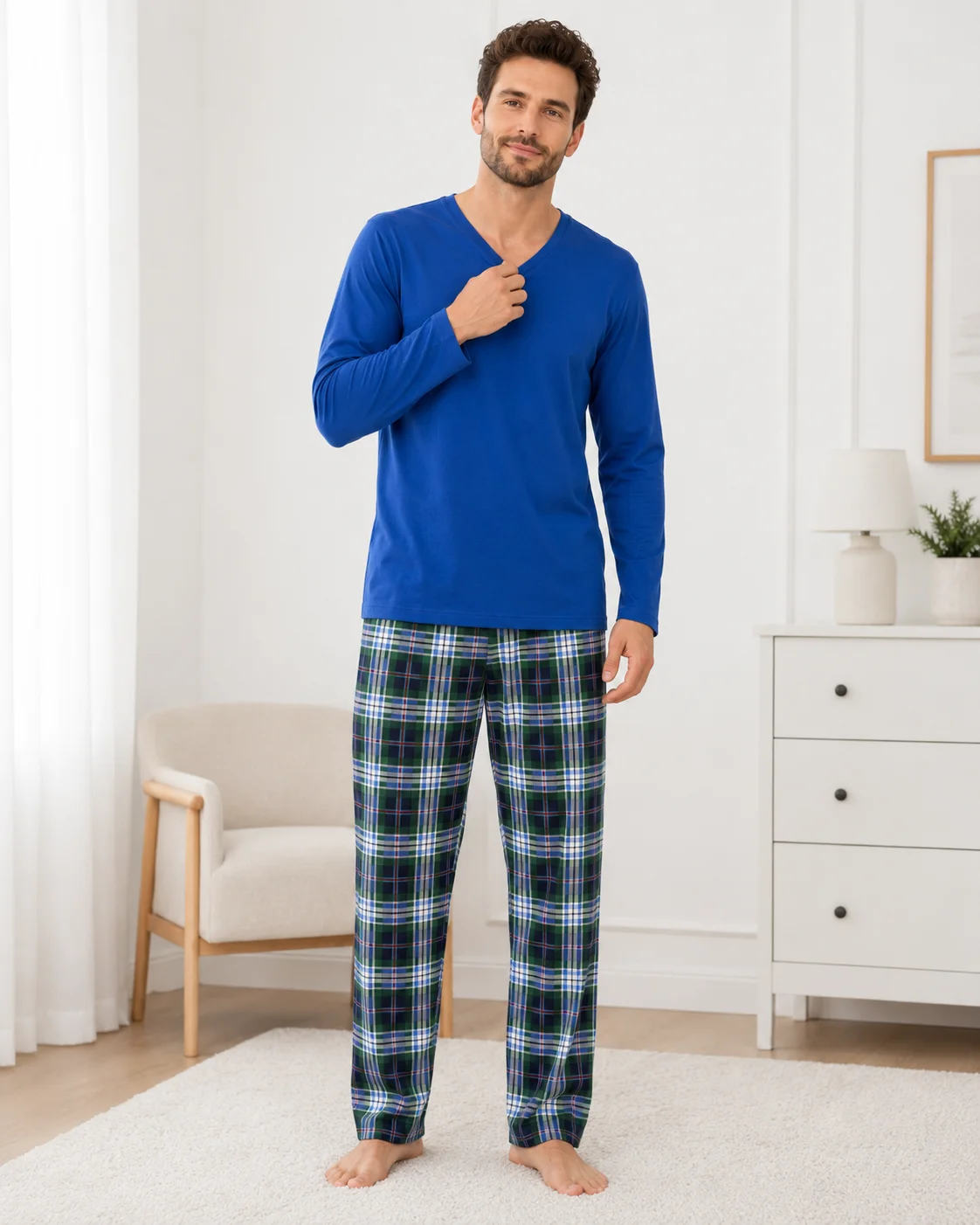 Pijama Barbati cu Maneca Lunga si Pantaloni in Carouri -Albastru — imagine 2
