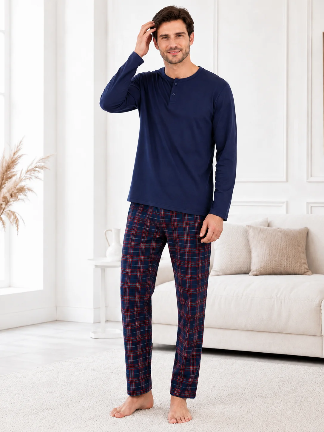 Pijama Barbati  cu Nasturi si Carouri Multicolore-Bleumarin