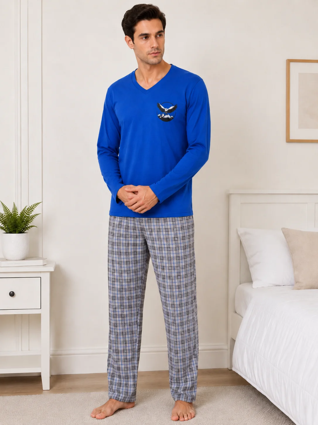 Pijama Barbati cu Maneca Lunga si Pantaloni in Carouri -Albastru