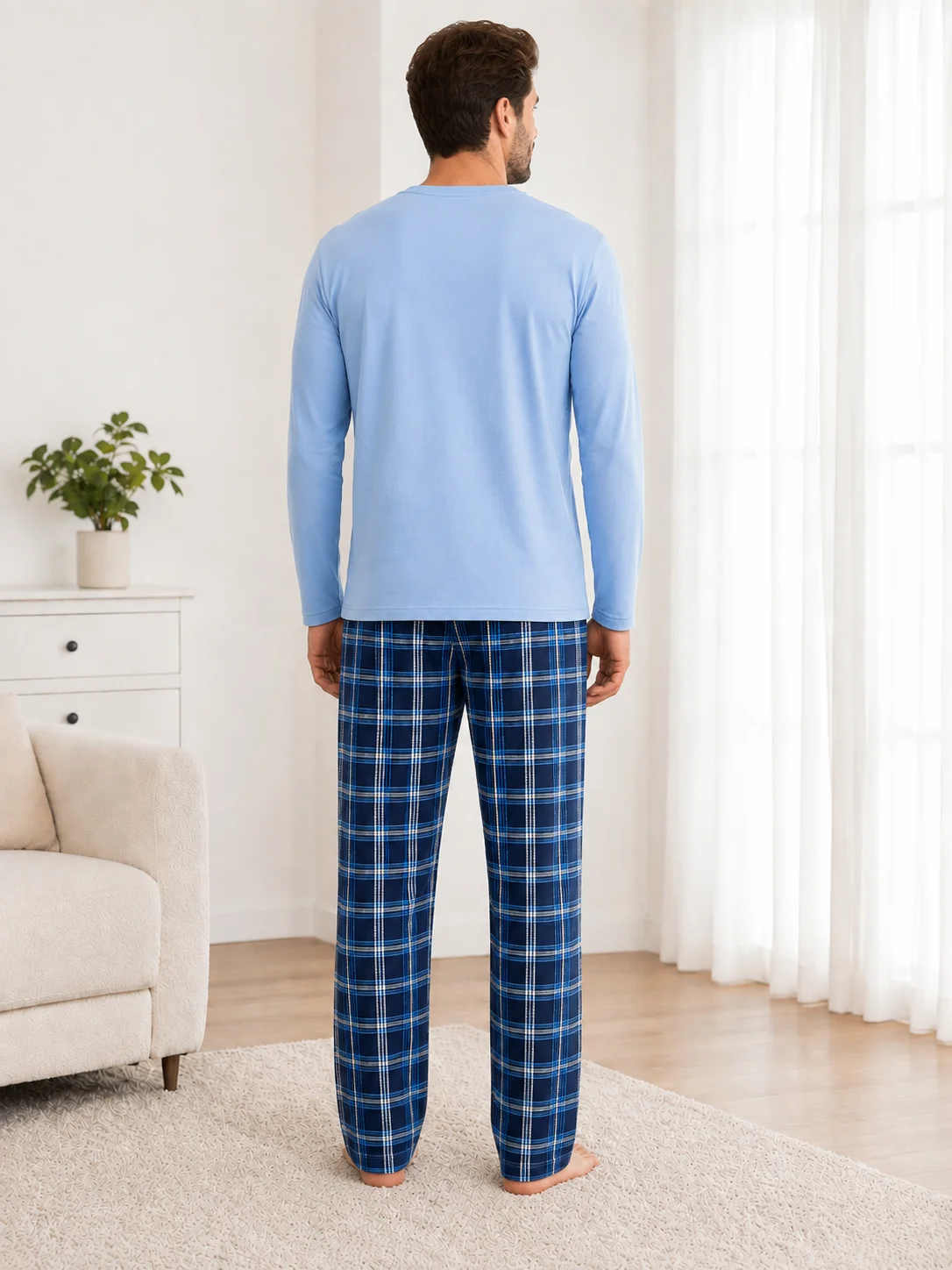Pijama Barbati Bluză Good Vibes si Pantaloni in Carouri-Bleu — imagine 4