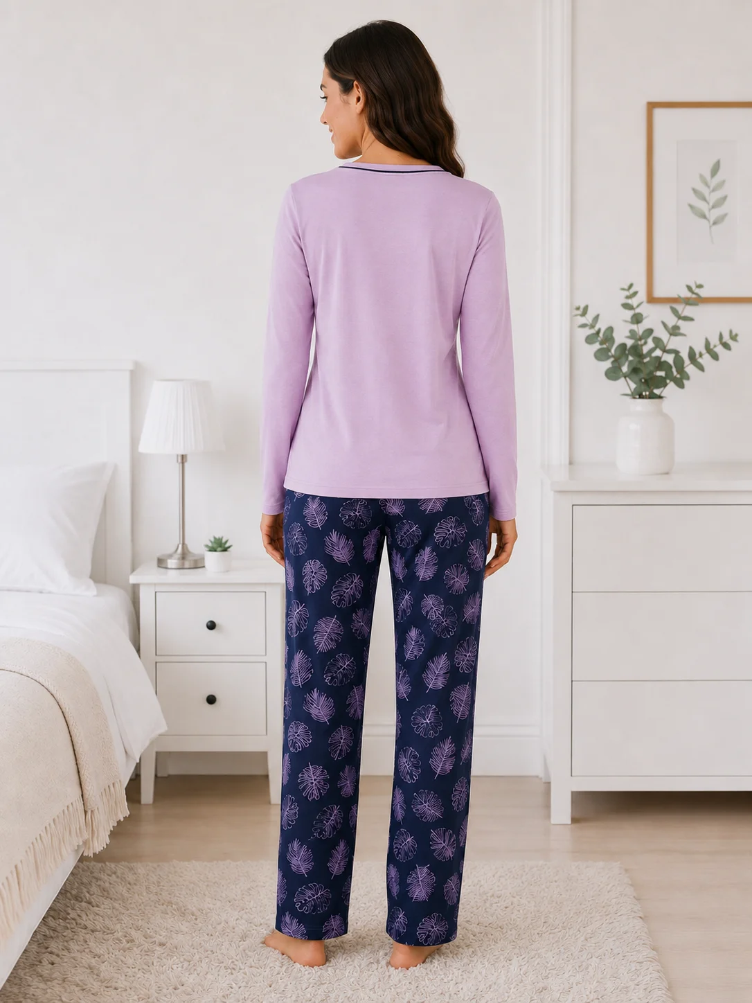 Pijamale dama, Bluză și Pantalon cu Imprimeu Frunze- Lila